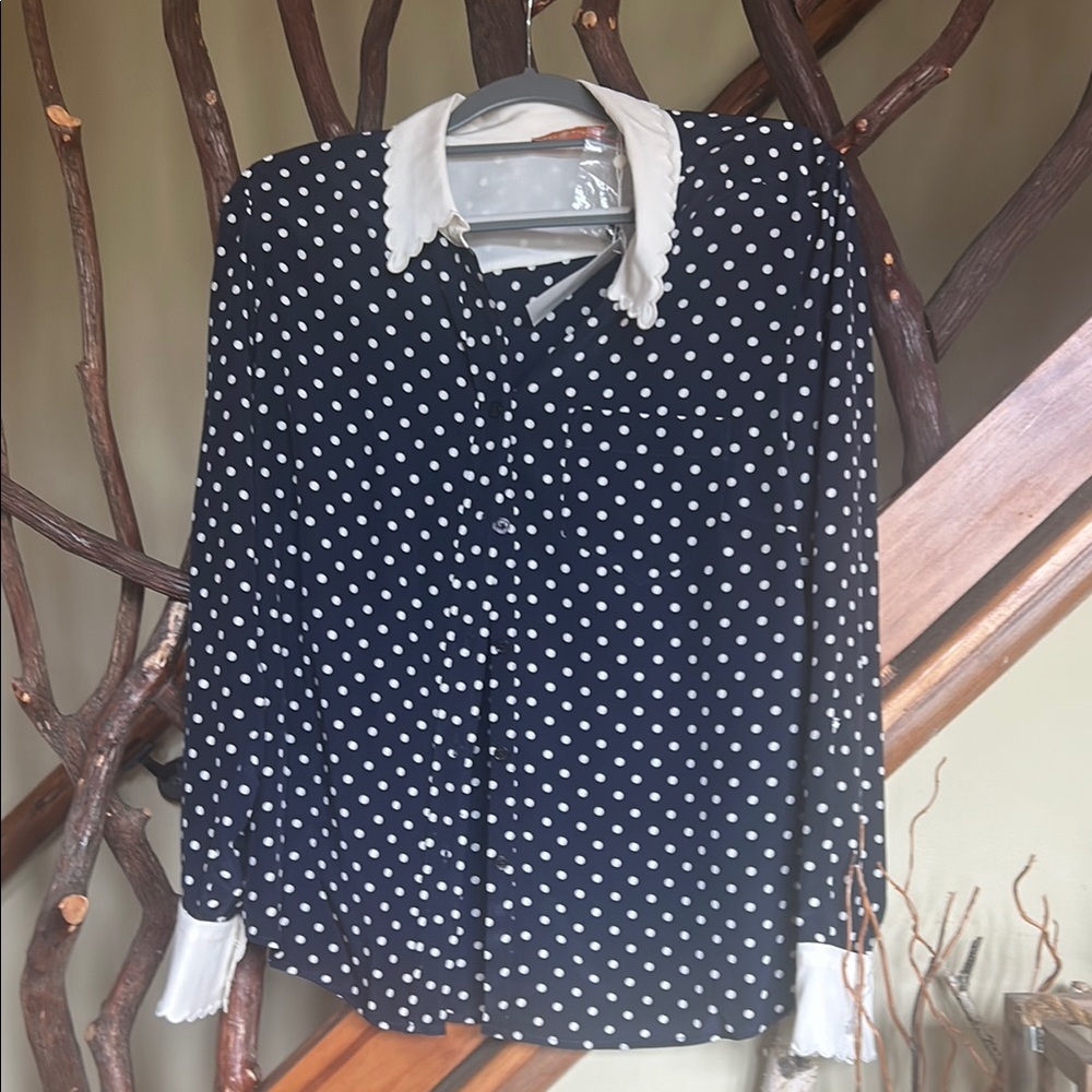 Tory Burch Navy and White Polka Dot Blouse